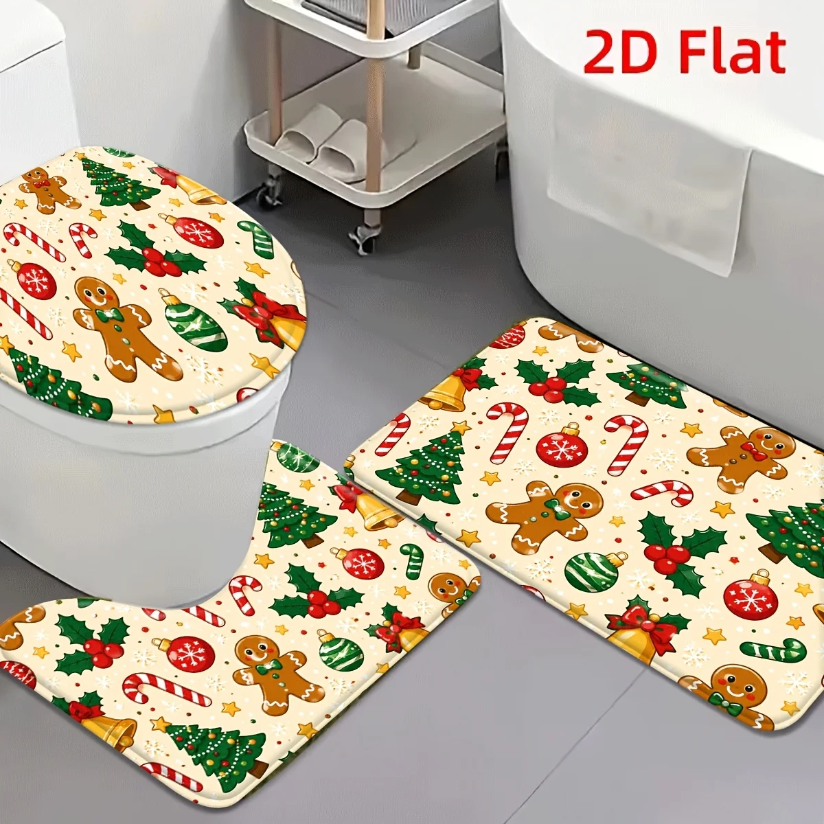 3‑Pieces Festive Gingerbread Christmas Bathroom Mat Set, Decor Rug Kit With Toilet Lid Cover & U‑Shaped Mat, Holiday Home Decor