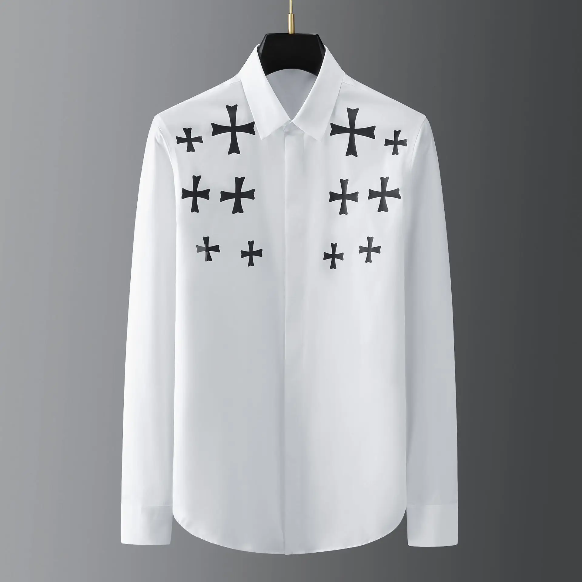 

Trendy brand new cross pressed adhesive print on the chest, men's long sleeved shirt, slim fit casual shirt