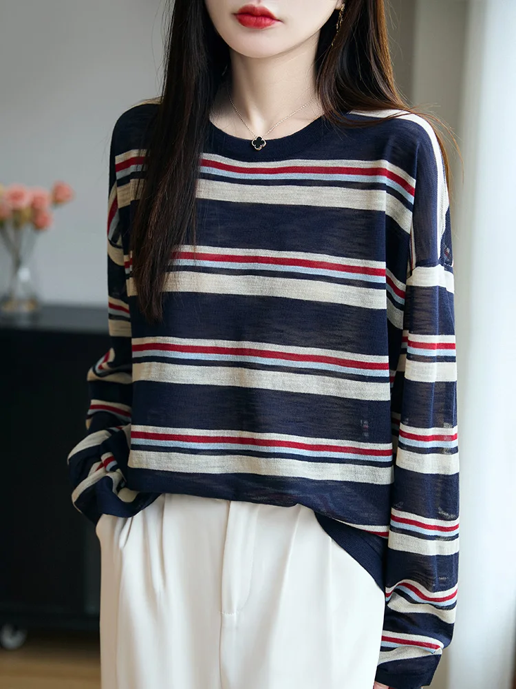 

Ретро-футболка женская вязаная в полоску с цветными блоками, с длинным рукавом, легкая, с круглым вырезом, свободного кроя, базовая, для повседневной носки