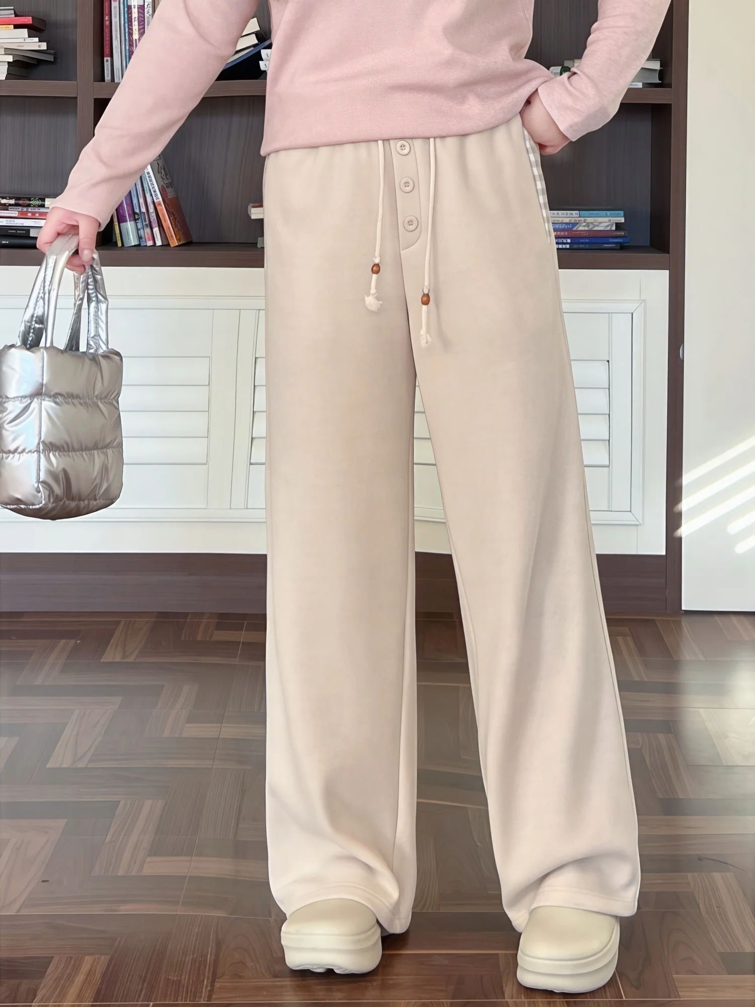 

plus Size Women's Winter Thickened Fleece Wide Leg Pants Hip Concealing Slimming Straight Cut Trousers Commute Style High Waist