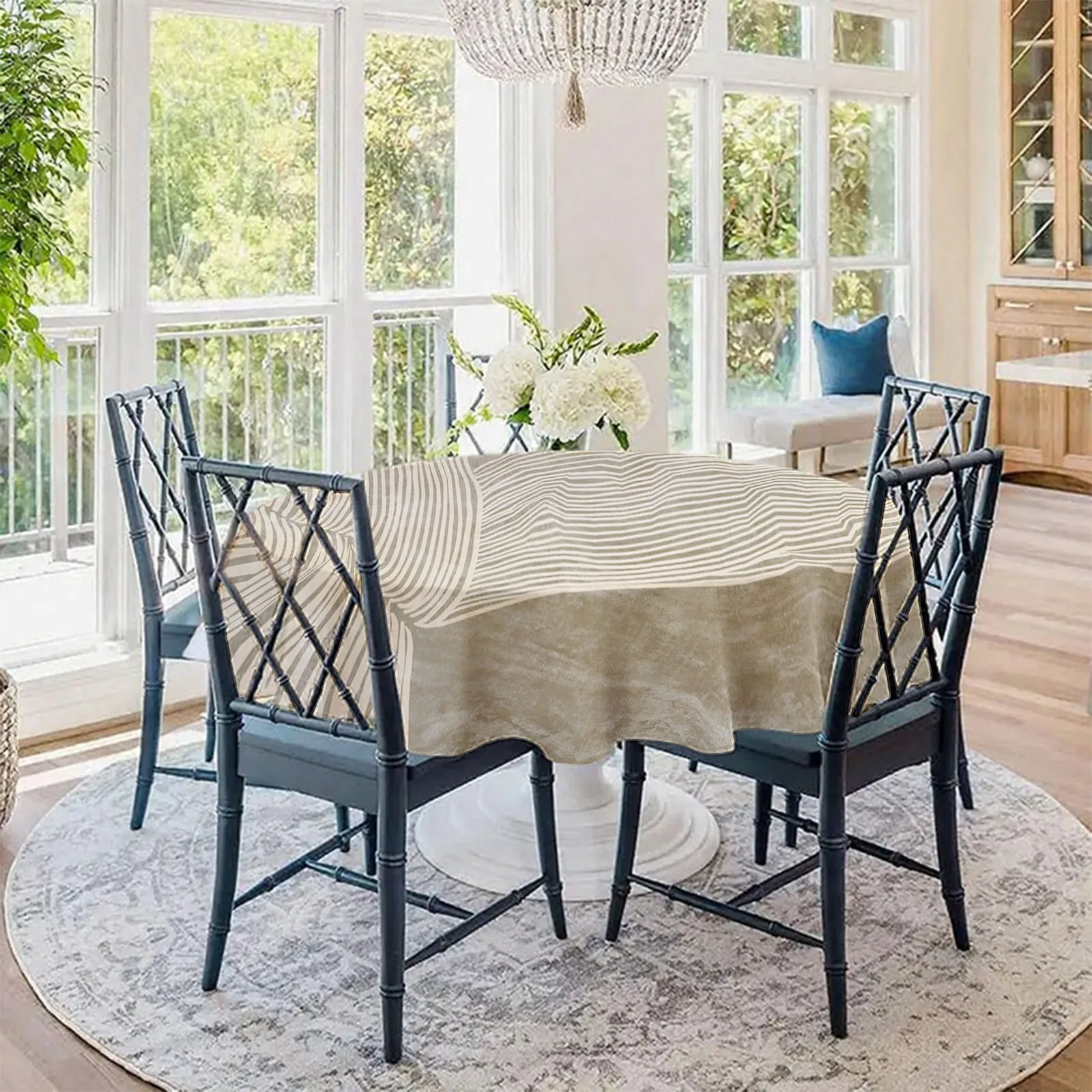 One piece of artistic linear round tablecloth, with a simple and modern texture design.