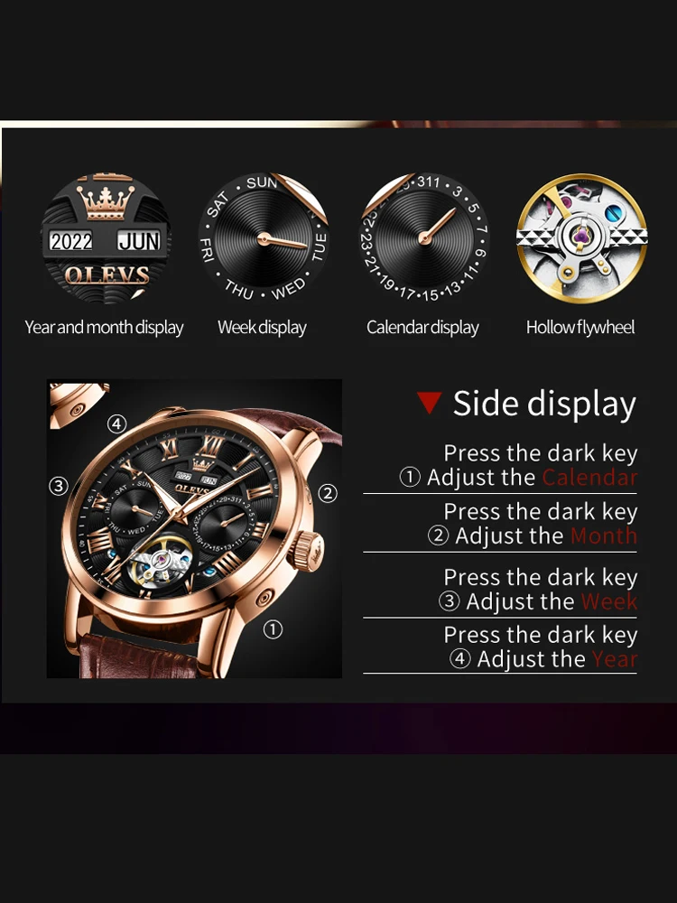 Original OLVES Men Mechanical Watches Business Leather Strap Man Automatic Wristwatch Luminous Perpetual Calendar Watch For Men