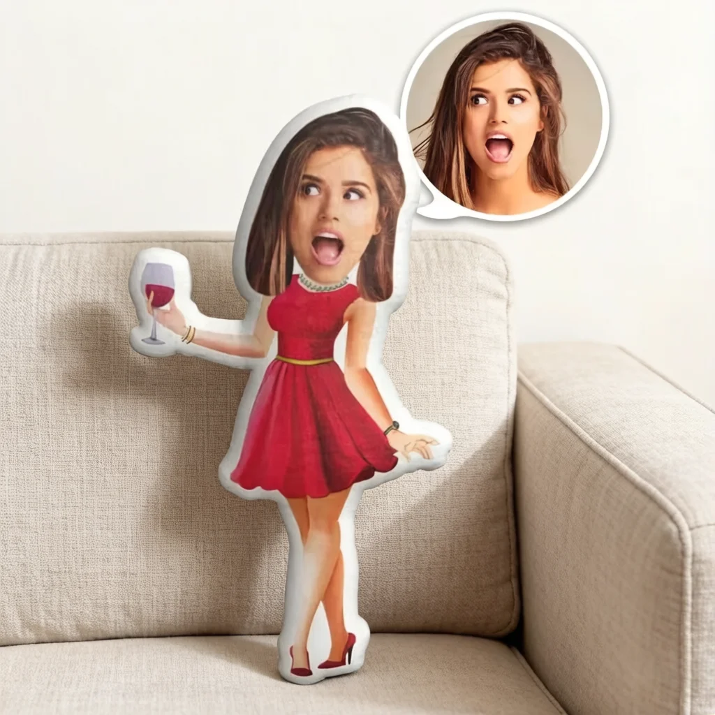 Custom Face Pillow Personalized Photo Pillow Wine Evening Dress MiniMe Pillow Gifts for Her