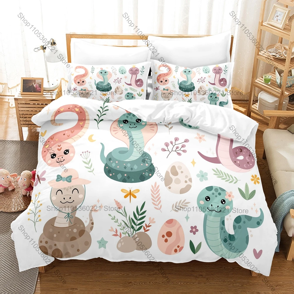 

2026 Kawaii Snake Three Piece Bedding Set Luxury Comforter Set with Queen King Size Cool Two pillowcase Kpop pościel 200x240