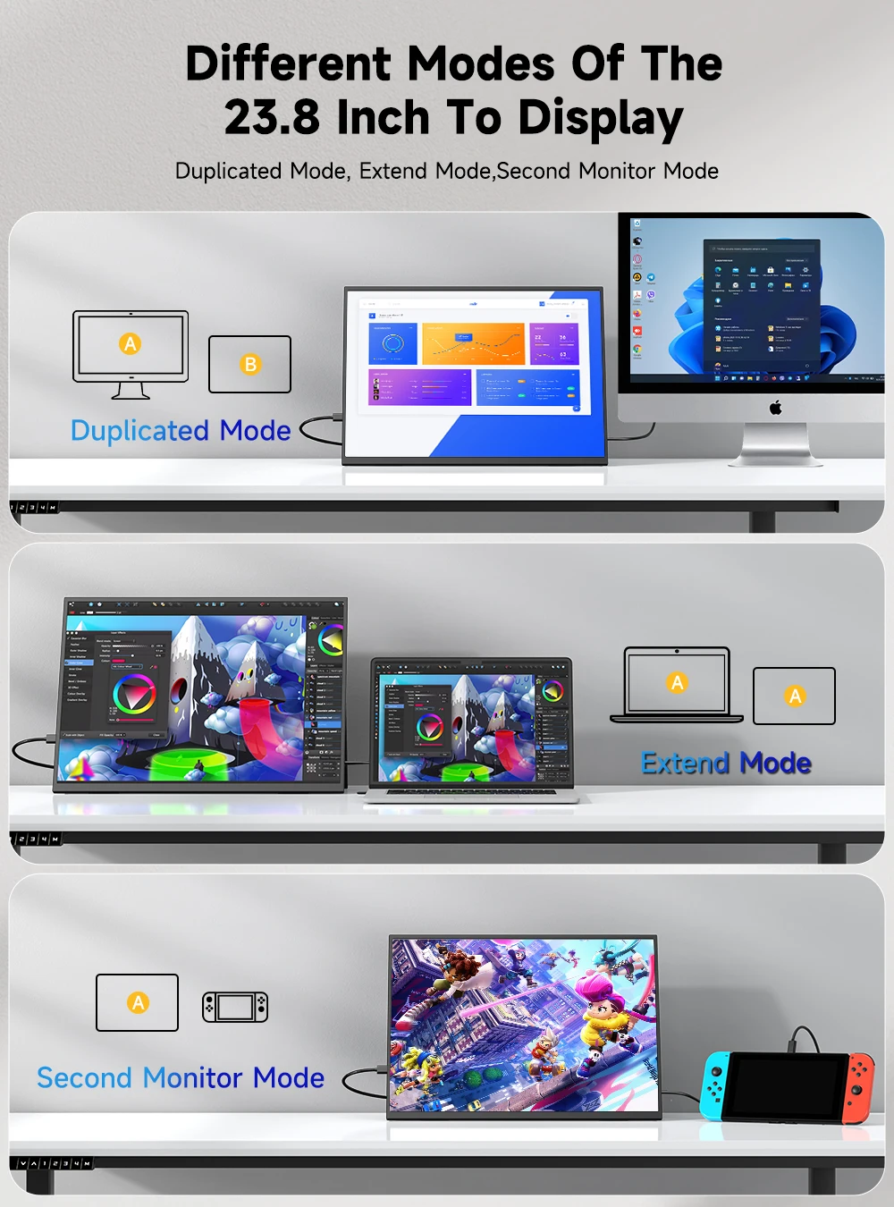 UPERFECT 23,8" 120Hz QLED tragbarer Touchscreen-Monitor 1080P 126% sRGB 380Nits HDMI USB-C Travel Touch Display für Laptop-Telefon Mini-PC-Spielkonsole Externer zweiter Bildschirm für Spiele und Arbeit – Detail 10