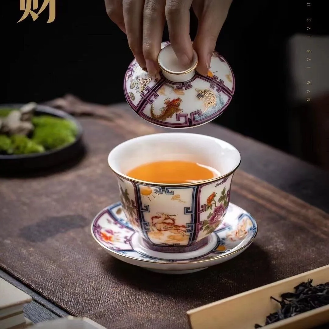 CHINA Enamel Colored Teapot Kung Fu Tea Set Tea Maker Chinese White Drawn Gold Teapot New Porcelain Hexagonal Teapot with Filter