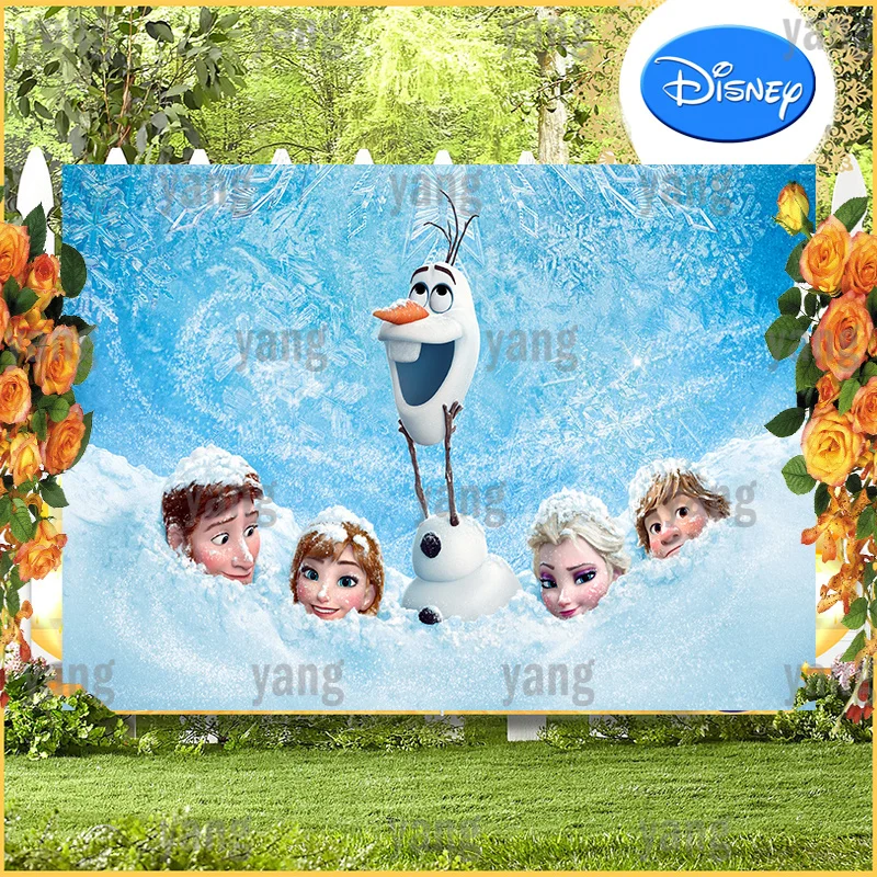 Disney Cartoon Cute Olaf Magic Frozen Princess Elsa Anna Hans Blue Snowflake Backdrop Birthday Party Photography Background