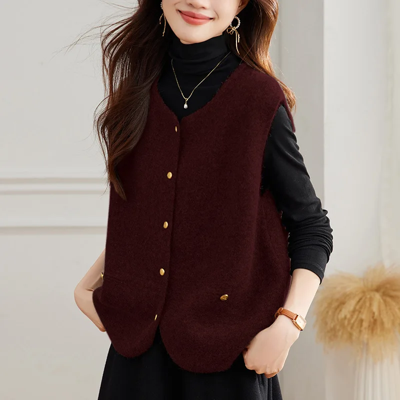 Modny dzianinowy okrągły kardigan bez rękawów damski jesienny nowy styl koreański uniwersalny lekki długi sweter