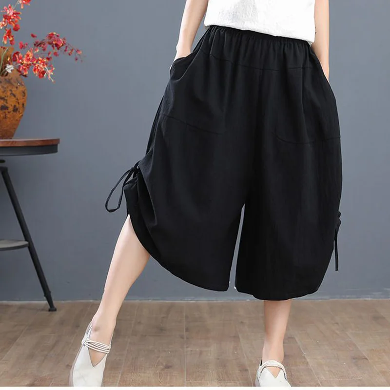 Oversized Women Clothing Office Lady Lacing Solid Color Elastic Waist Calf-Length Pants Ladies Casual Pocket Loose Waist Pants