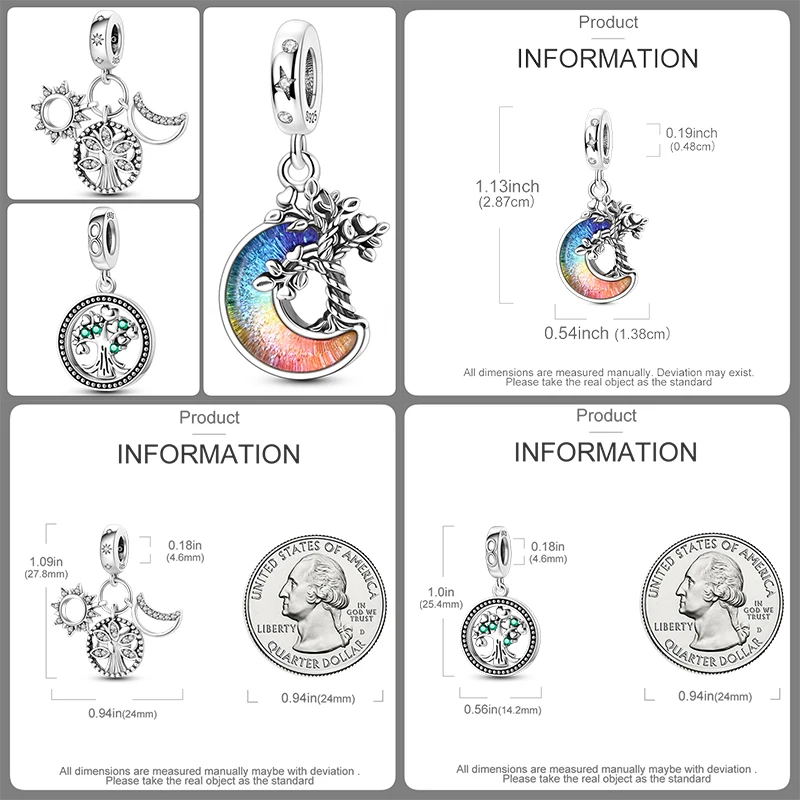 3-teiliges 925 Sterling Silber Lebensbaum-Charm-Set Familienbaum Herz Mond Sonne Schmetterling DIY Original Armband Halskette für Frauen – Detail 4
