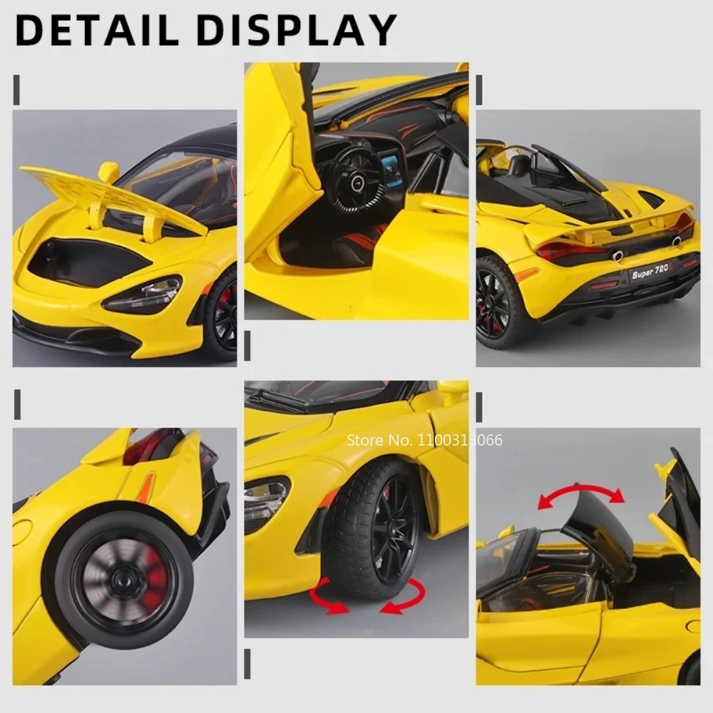 Modelos de coches de aleación a escala 1:24 720S, modelo de fundición a presión, sonido ligero de alta simulación, vehículos extraíbles, juguetes, regalos de colección para niños