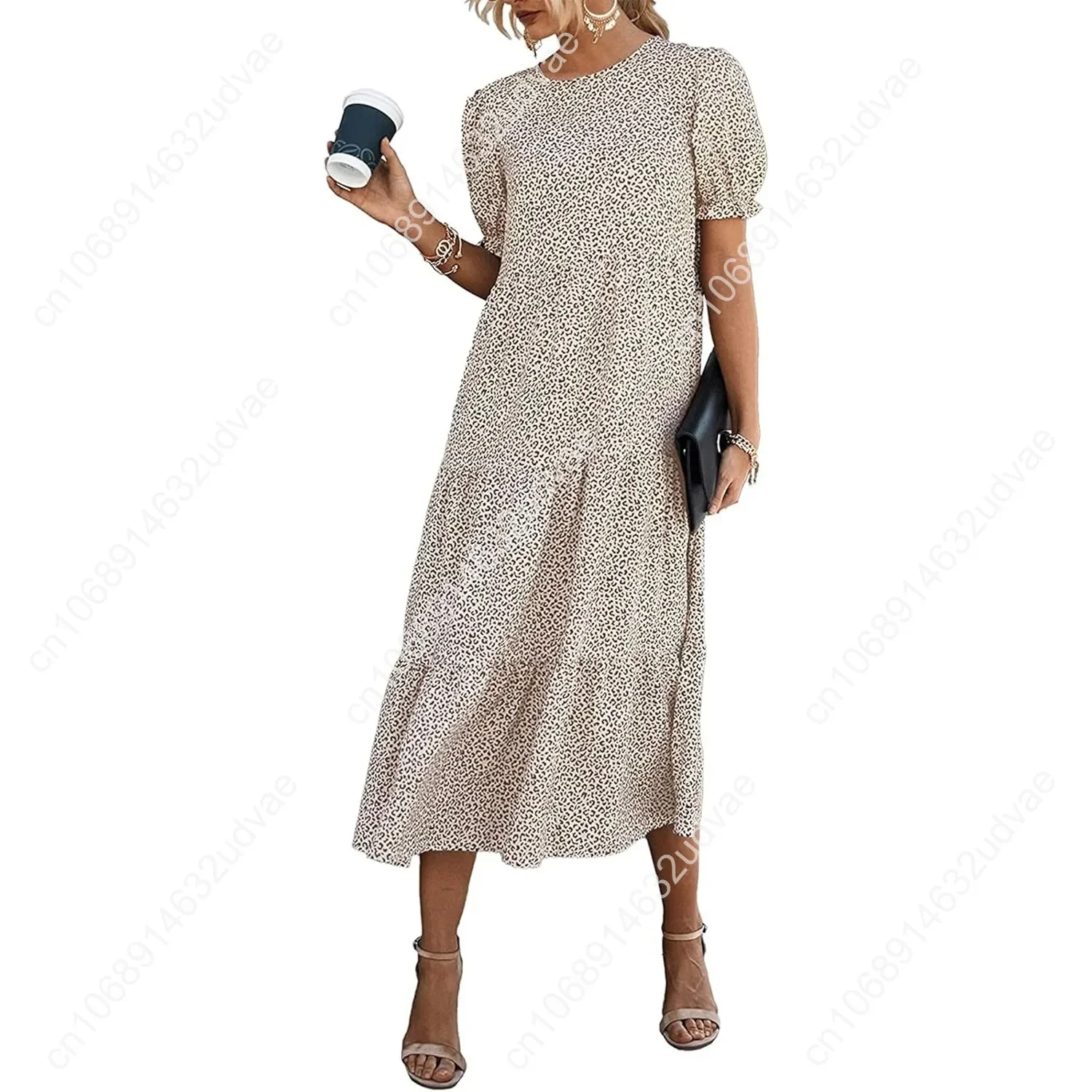 

Summer Casual Boho Women's Dress Floral Print Ruffle Puff Short Sleeve Flowy Midi Beach Party Dresses