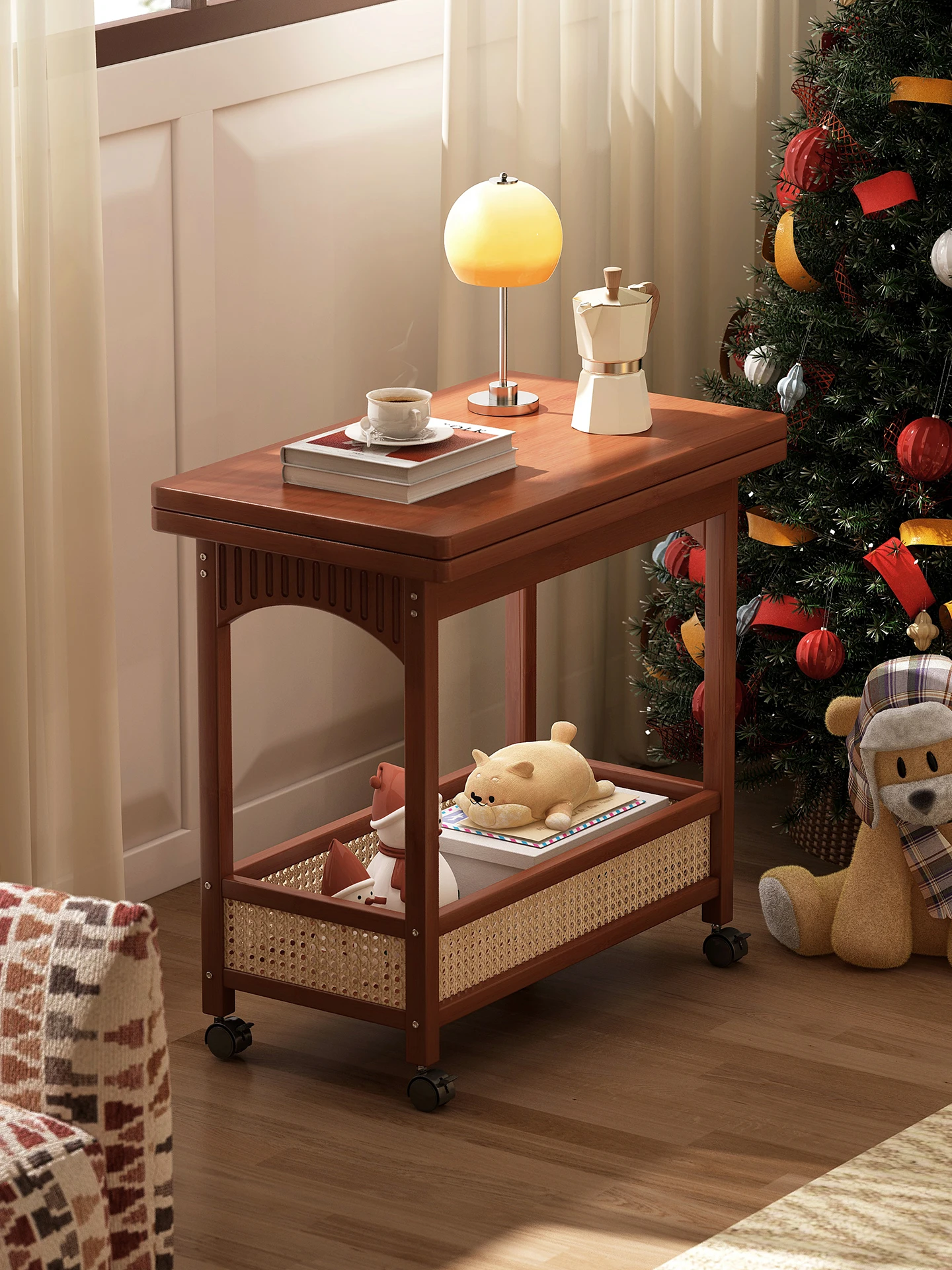  طاولة جانبية خشبية قابلة للطي بعجلات - طاولة نهاية محمولة لغرفة النوم وغرفة المعيشة، وتخزين موفر للمساحة للمساحات الصغيرة #1