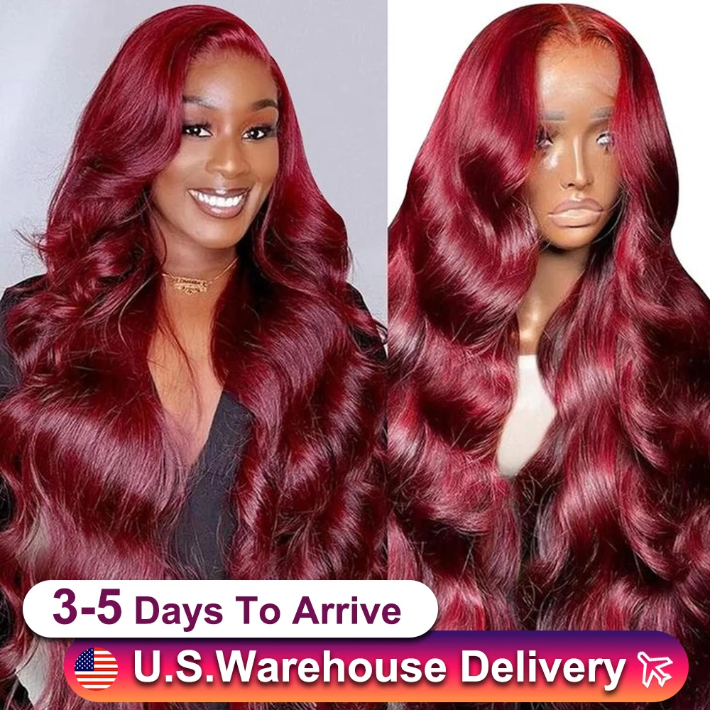 Perruque Lace Front Wig Body Wave Naturelle Bordeaux 99J, Cheveux Humains, Couleur Vin Rouge, Pre-Plucked, Densité 210, 13tage, pour Femme