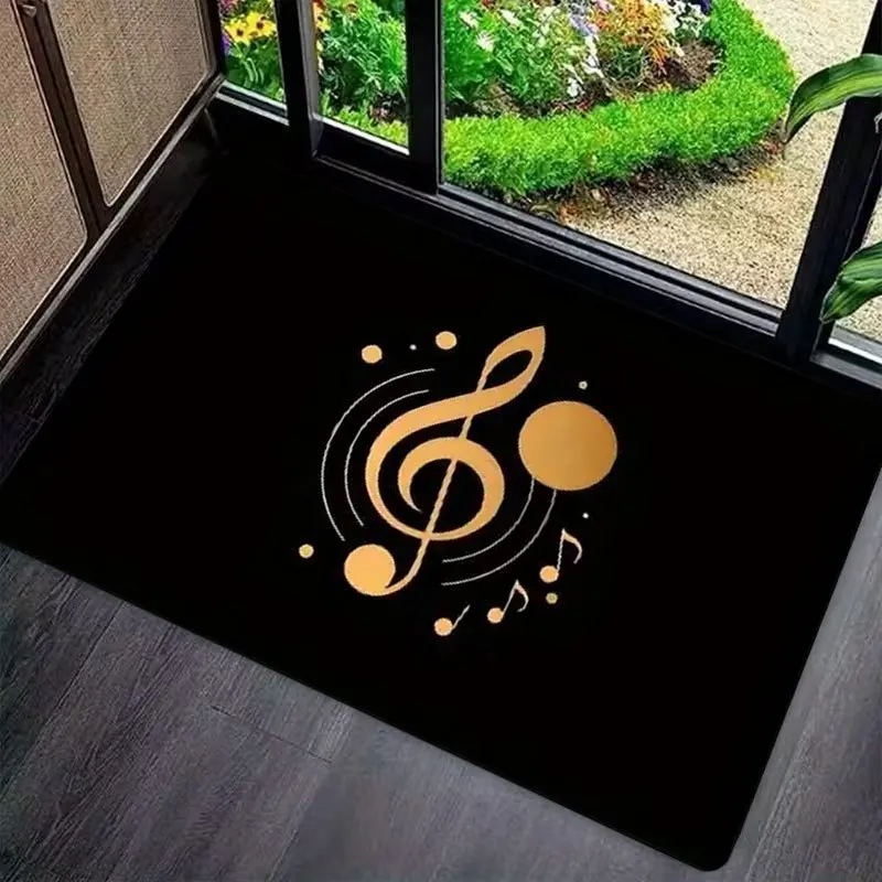 A Single Welcome Mat Featuring a Musical Note Design, Crafted in a Contemporary Style with  Material. It Is Non-Slip, Soft, Co