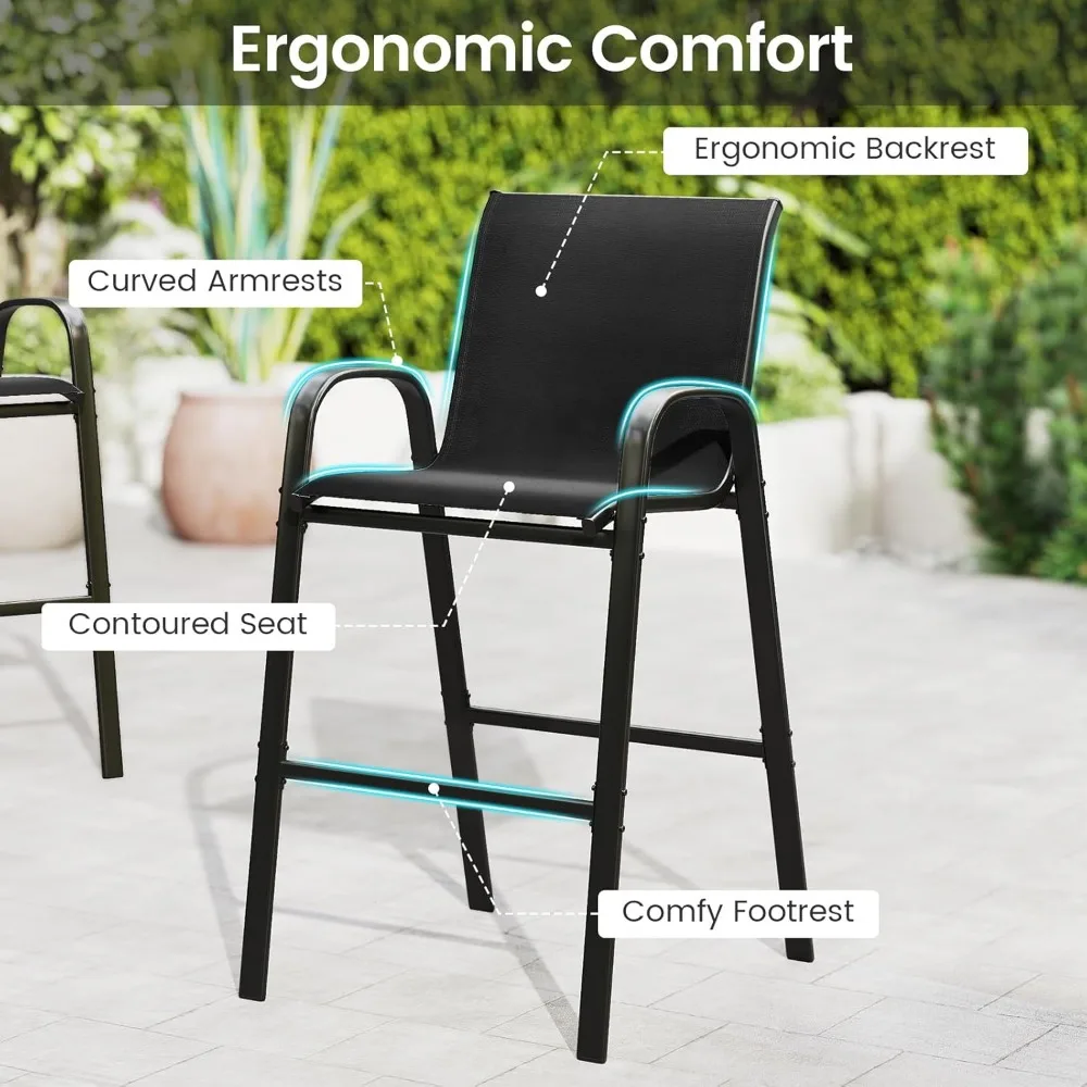 Set bar teras dengan meja tinggi bar dan kursi berlengan, bagian atas plastik kayu, rak 2 tingkat, logam tugas berat, furnitur makan luar ruangan