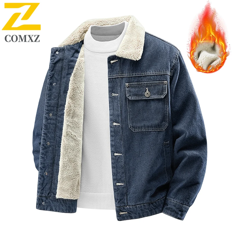

Comxz Brand Fleece Denim Jacket Men 2026 Winter Korean Fashion Washed Blue Thick Cotton Jackets Man Work Fur Collar Warm Parka
