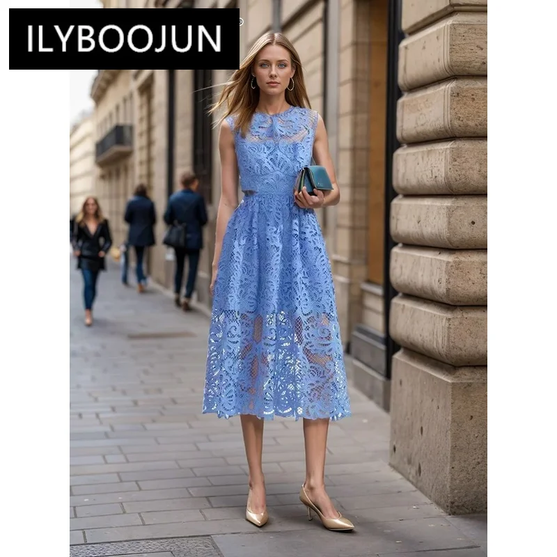 ILYBOOJUN Solid Elegant Hollow Out Embroidery Dress For Women O Neck Sleeveless High Waist Temperament Dresses Female Clothes