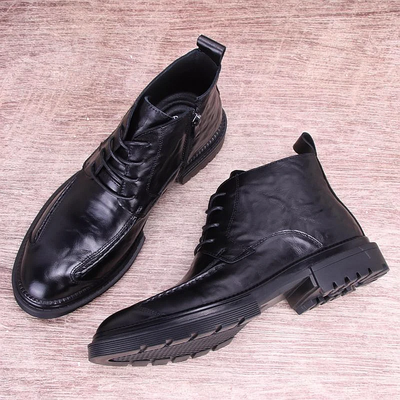 Genuine Leather  Boots Autumn Winter High Top Zipper Men's Leather Boots Top Layer Cowhide Thi Bot Work Boots