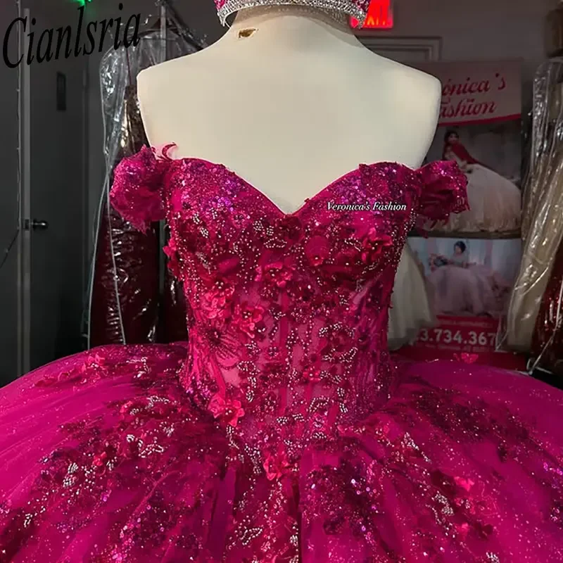Fuchsia Off The Shoulder Quinceanera Dresses Ball Gown Sequined Appliques Lace Sweet 15 Años Mexican Customized
