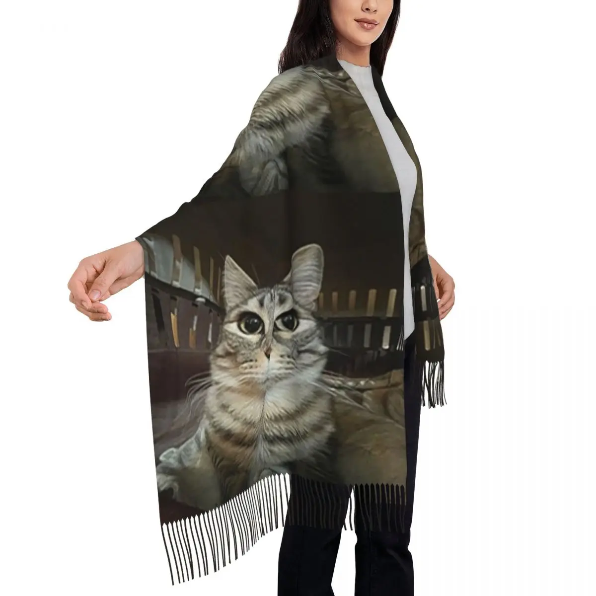 القط يبحث مباشرة إليك وشاح شرابة الأوشحة النساء شالات دافئة ناعمة ويلتف كبير الخريف الشتاء شال التفاف #3