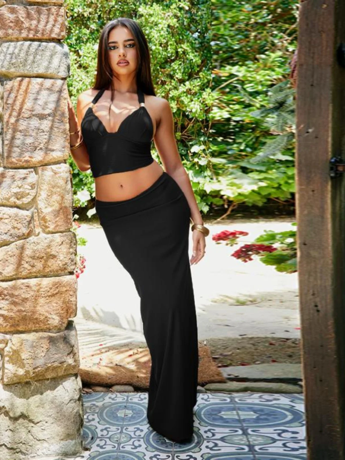 

Sexy Bal f-length Outfit Two-piece Set for Trendy Women V-ne ort-sved Polyester Fiber Long Pants