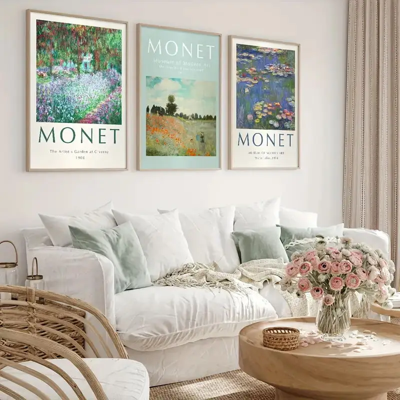 3pcs/Set Retro Floral Monet Water Lily Canvas Poster Decoration Artistic Picture Wall Hanging Painting Living Room Home Decor
