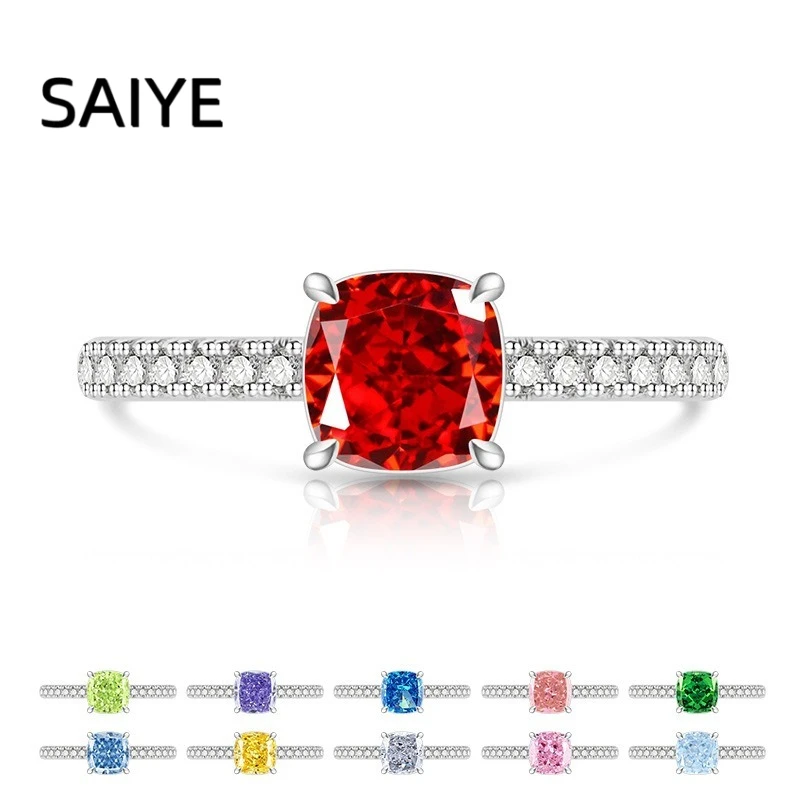 925 Sterling Silver Ring Cushion Cut Multi Color Cubic Zirconia Four Prong Solitaire Full Paved Band Engagement Ring for Women