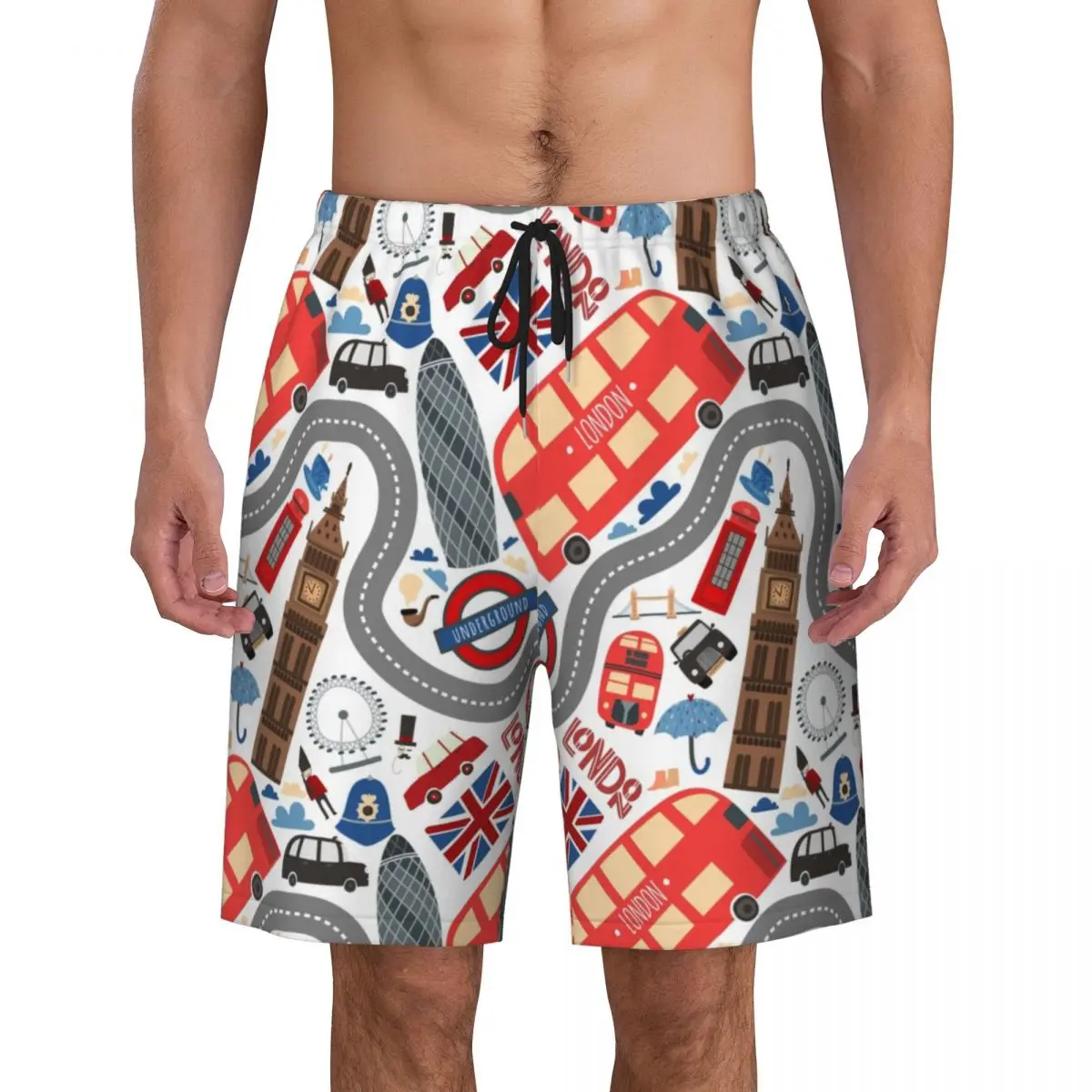 

Шорты на заказ, мужские быстросохнущие пляжные шорты, шорты с британским флагом, красные плавки с автобусом, купальные костюмы