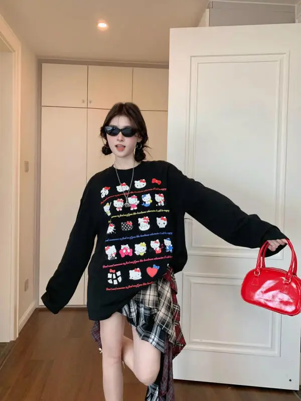 سانريو جديد الحلو الكرتون هوديي مرحبا كيتي هوديي فضفاضة طويلة الأكمام الياقة المستديرة فتاة الطباعة الربيع والخريف نمط هوديي