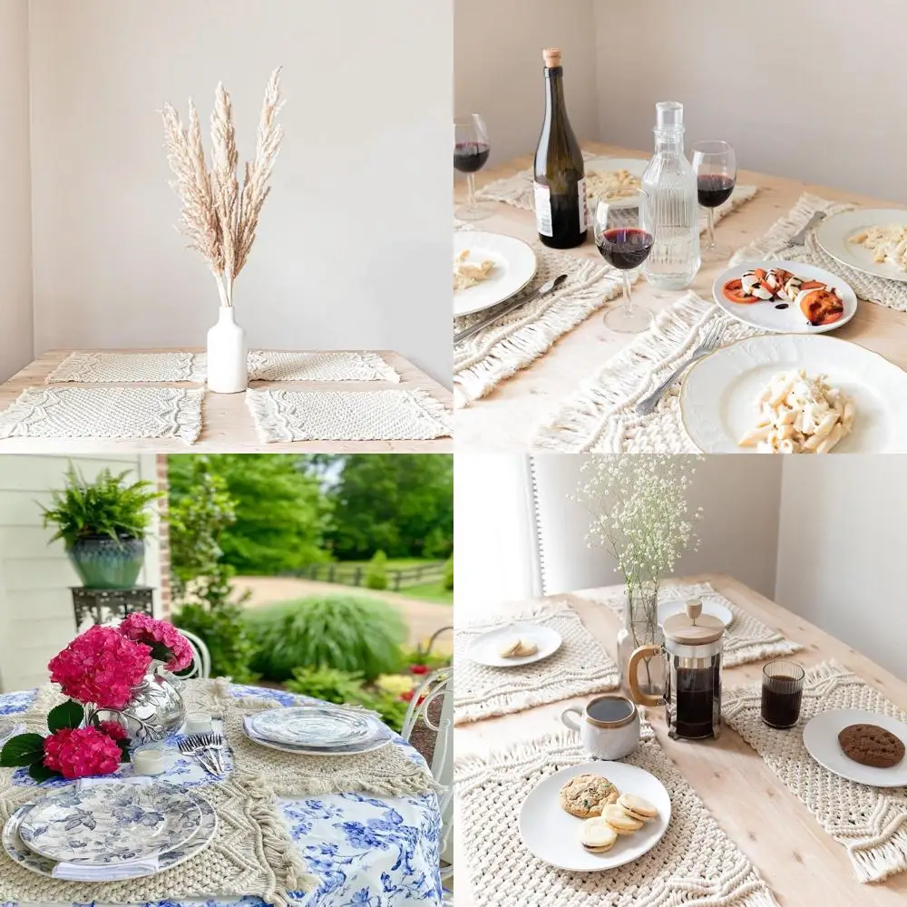 

Набор из 8 салфеток ручной работы в богемном хлопковом стиле — современный фермерский стиль с бахромой для стола, кухни и свадьбы в стиле бохо, Natura