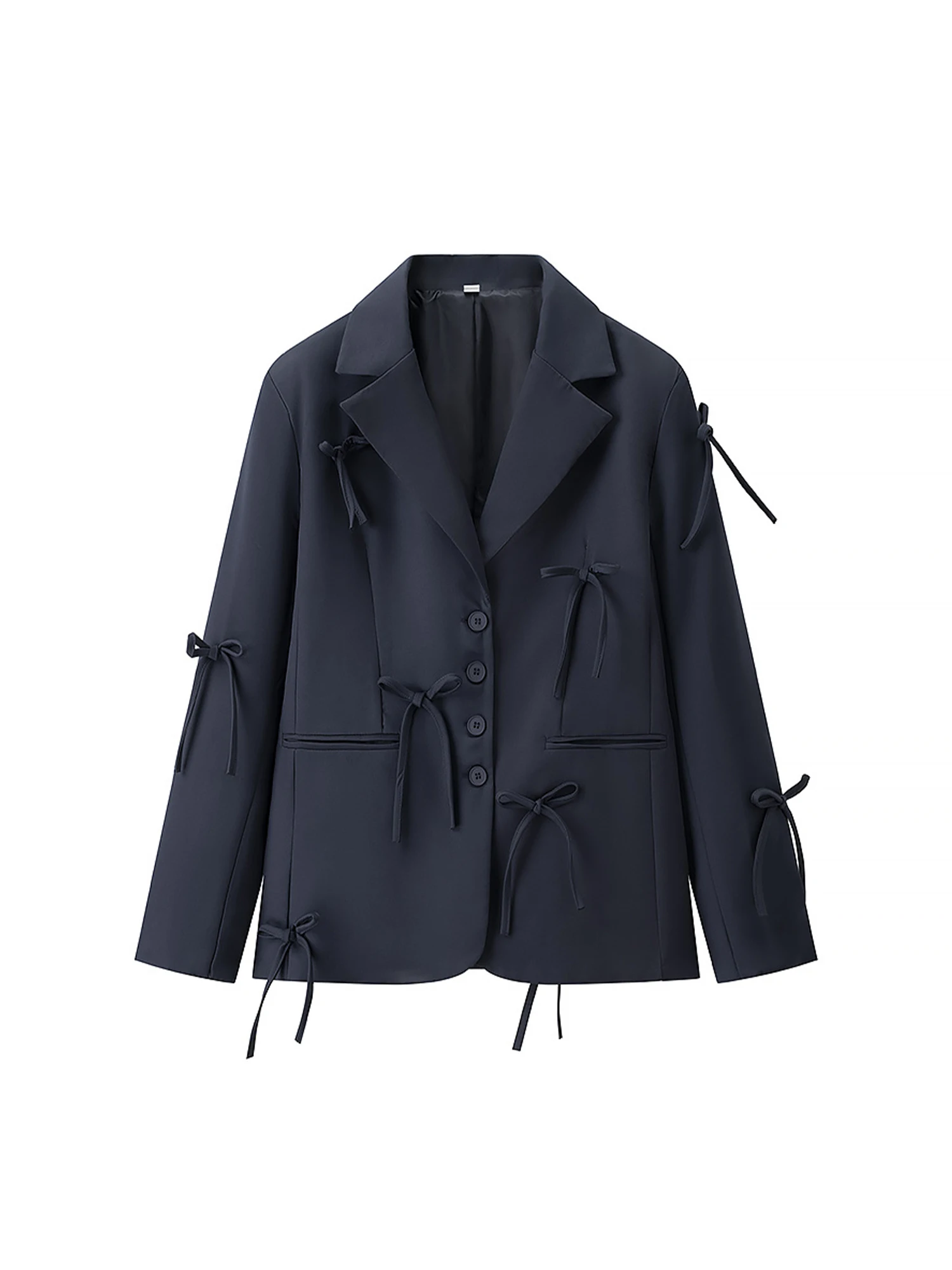 

Women's Dark Blue Blazer Coat Female Fashion Vintage Harajuku OL Style Long Sleeve Bow Suit Jacket Outerwear Top 2000s Clothes