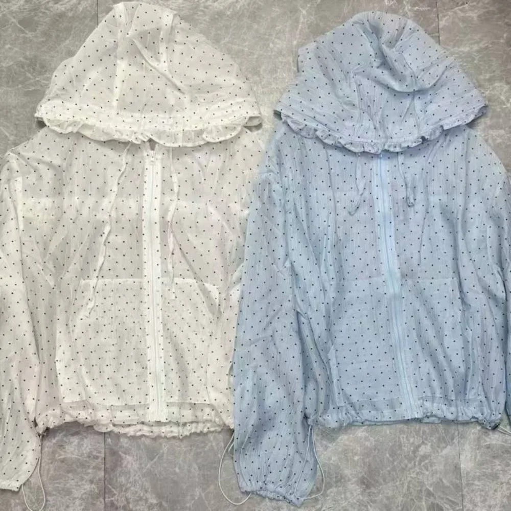 Lässige Polka-Dot-Sonnenschutzjacke, lockere Passform, dünne Kapuzenjacke, atmungsaktive Jacke mit langen Puffärmeln, schnell trocknende Jacke