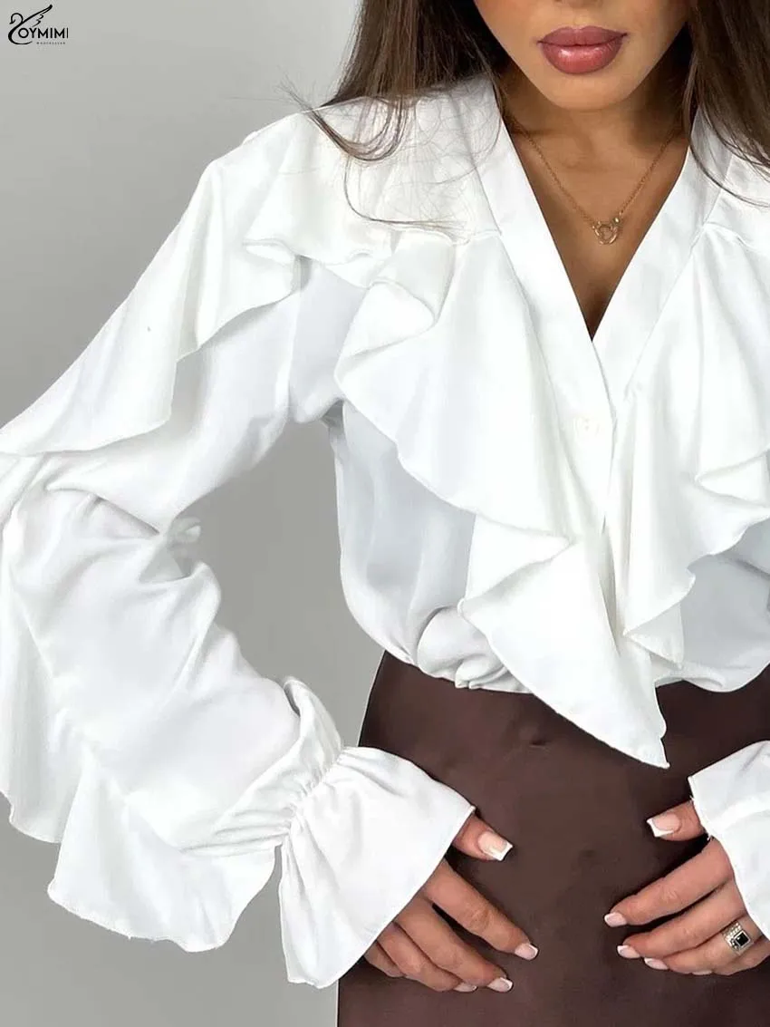 Oymimi Autumn White V-Neck Women's Shirt Fashion Long Sleeve Ruffled Solid Blouses Casual New Single Breasted Slim Shirts Female