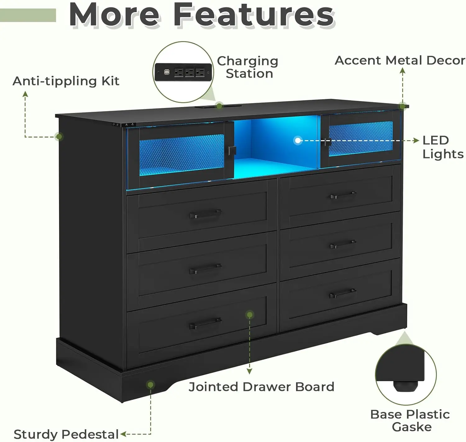 6 Drawers Dresser with LED Lights and Charging Station, Farmhouse Chest of Drawers Closet Organizer