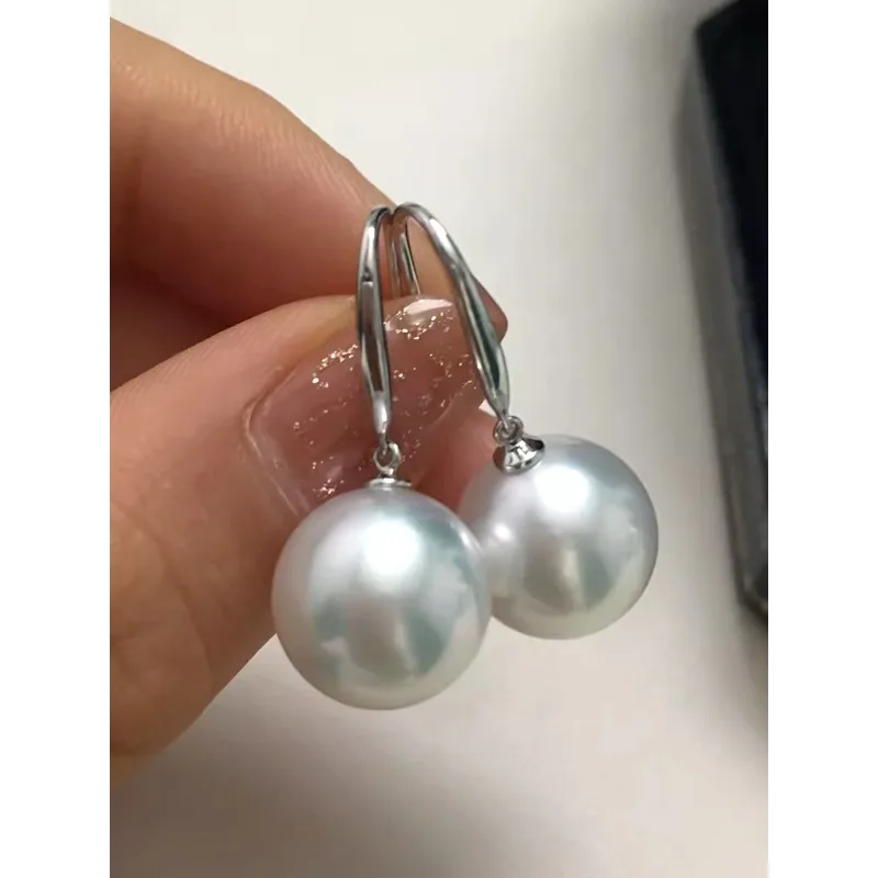 Gorgeous Huge AAAAA 11-12mm Nanhai White Round Pearl Earrings Light Luxury Delicate Women's Earrings Pendant 14K White Gold -