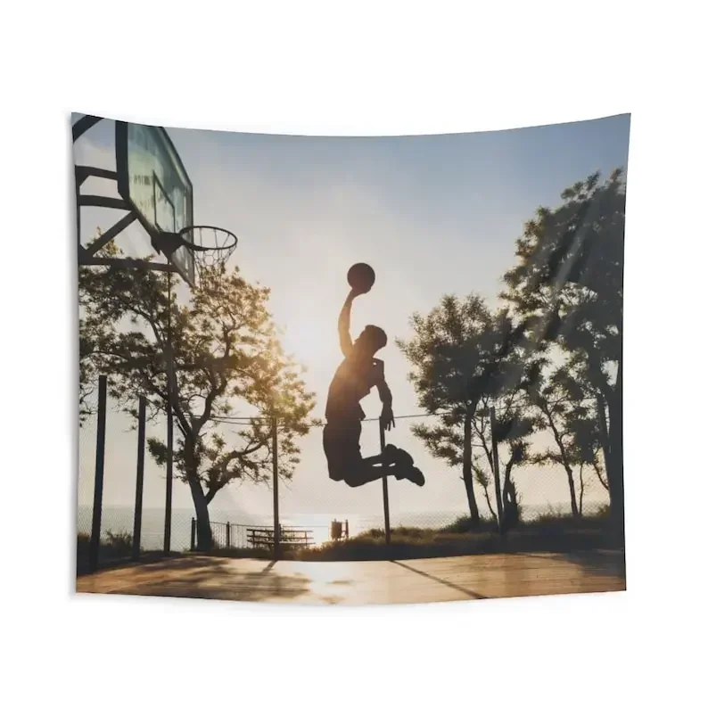 Basketball Tapestry, Jumping Sunset Sports Landscape Indoor Wall Aesthetic Art Hanging Large Small Decor College Dorm Room Gift