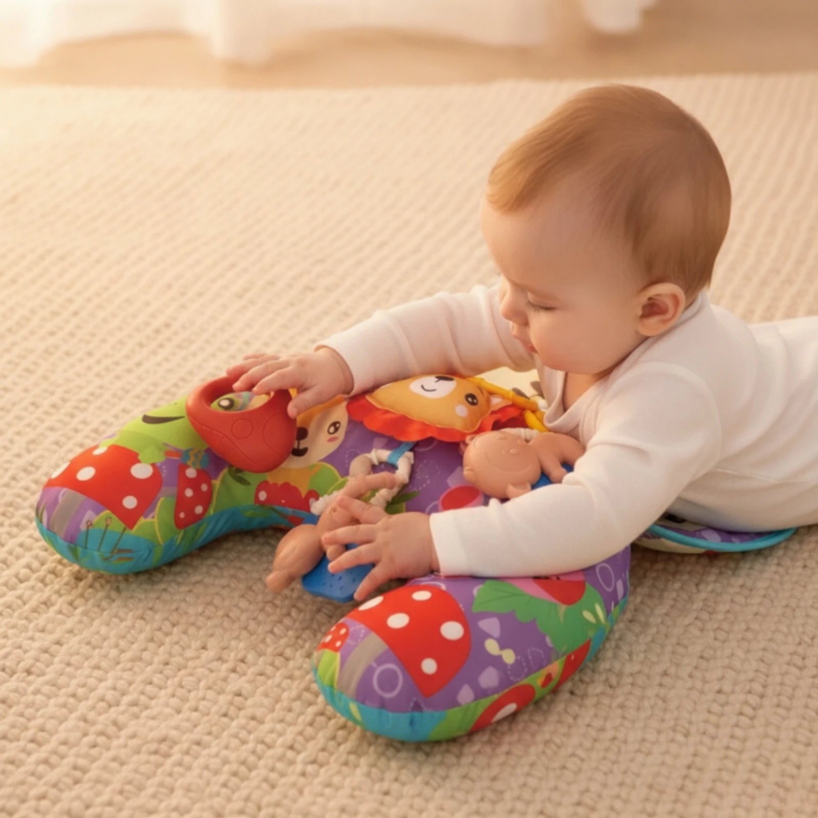 Tummy-Time Pillow with Toys Soft Tummy-Time Pillow Baby Support Cushion Ergonomic Machine-Washable for Infants, Floor Play