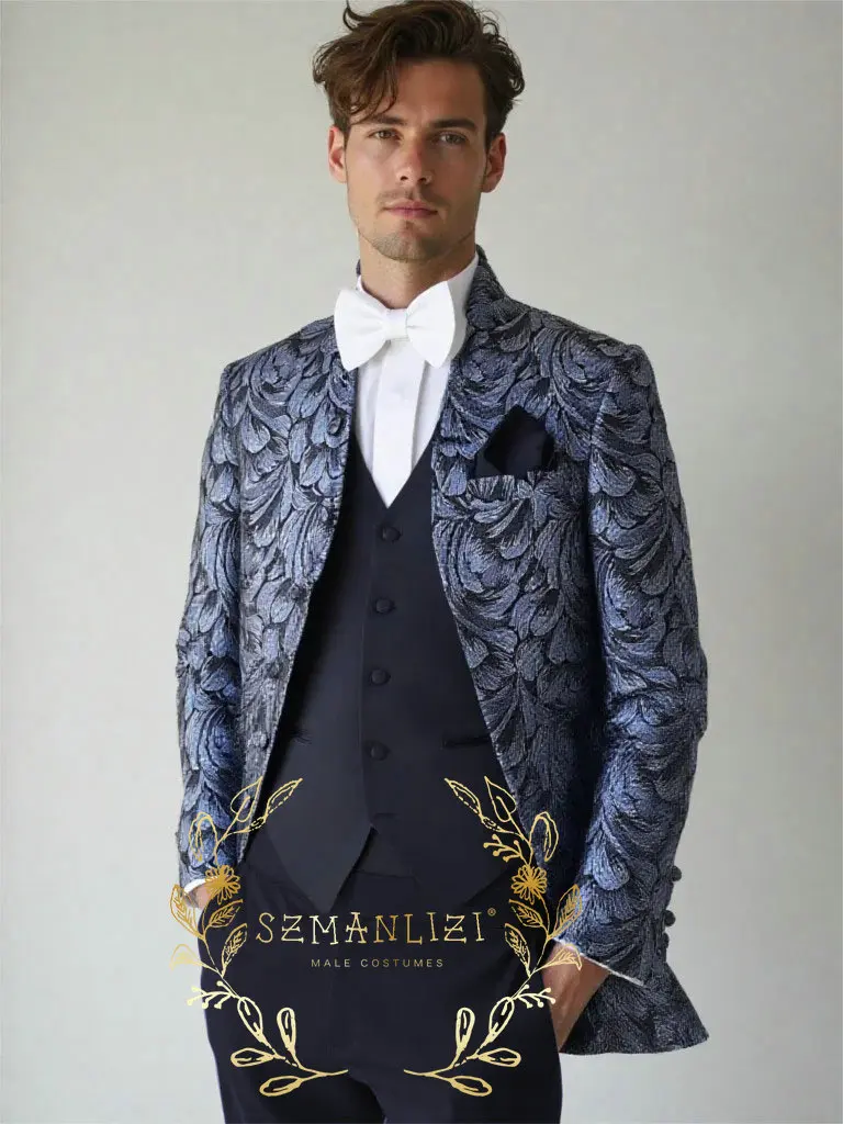 

Мужские костюмы из трех предметов, костюм Homme Mariage с воротником-стойкой, элегантный формальный смокинг, темно-синее свадебное платье с цветочным принтом, костюм жениха