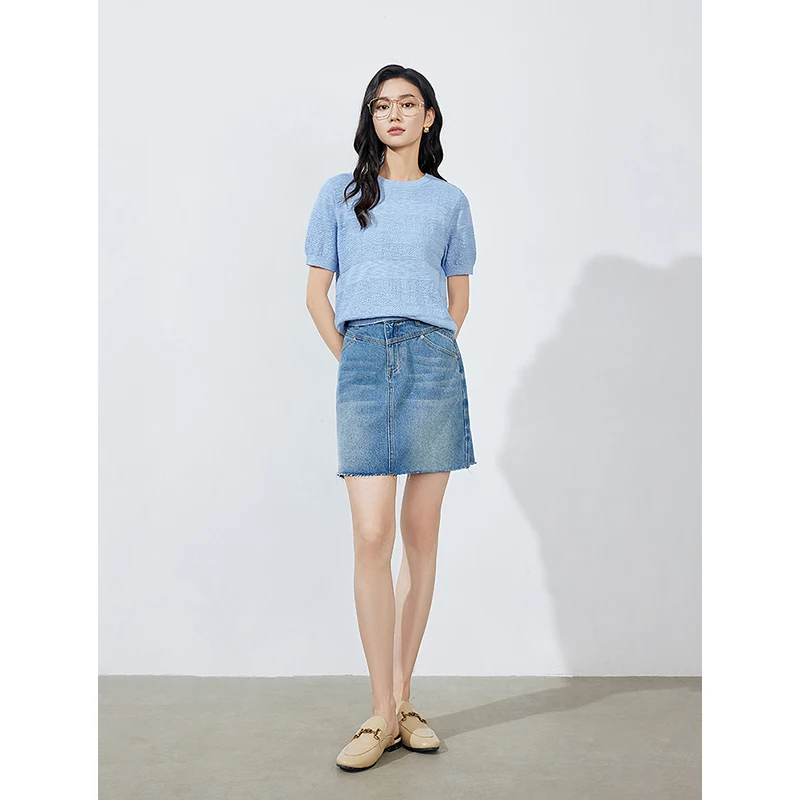 TOYOUTH Women knitwear 2024 Summer New Linen Short Sleeve Round Neck Sky Blue Pullover Tops