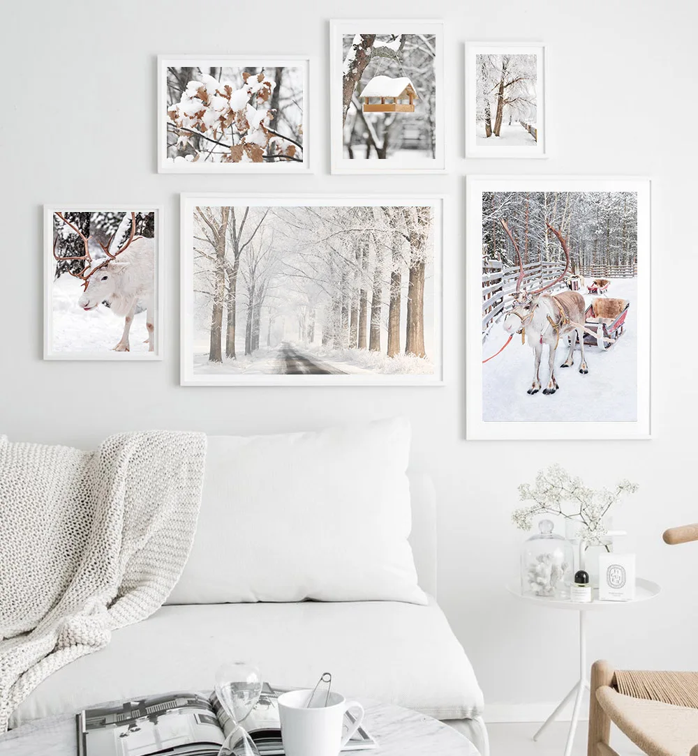 1pc frameless Canvas Painting Winter Reindeer Wall Art Snowy Forest Nature Landscape Canvas Prints Christmas Sleigh Decor Poster