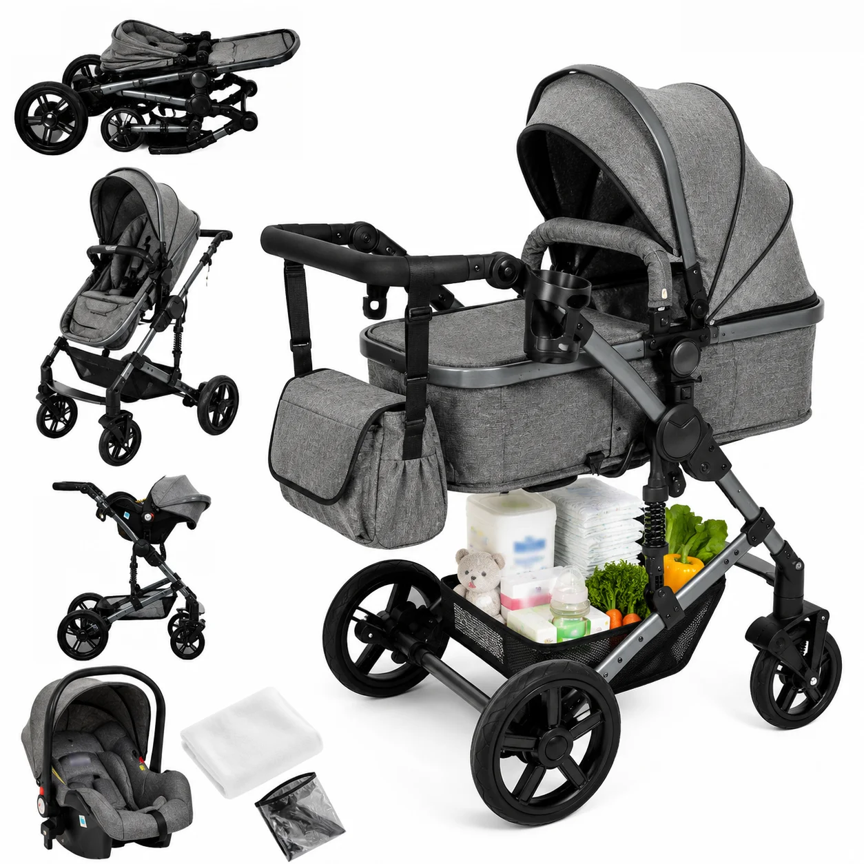 Converteerbare kinderwagen 3-in-1 kinderwagen Reissysteem Lichtgewicht hooglandschapontwerp Omkeerbare zitting Comfortabele verstelbare rugleuning Grote zonnekap Soepele verende wielen voor
