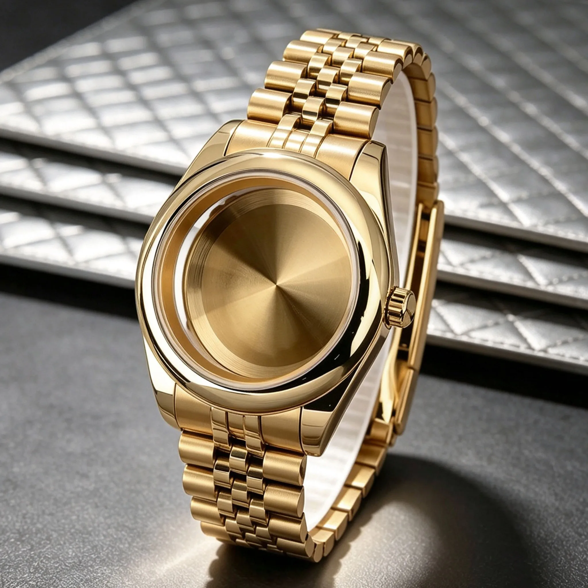 PVD Gold 36mm/39mm Watch Case Sapphire Glass For NH34 NH35 NH36/38 Miyota 8215 Movt Solid Bottom Cover Polished 316L Steel Strap