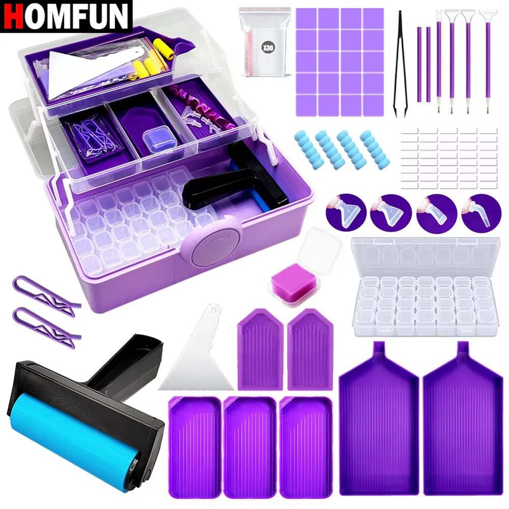 HOMFUN With Storage Box, DIY Art Accessories Kits, Pen Tray Mat Funnel Beads Storage Containers Gift，Diamond Painting Tools Set