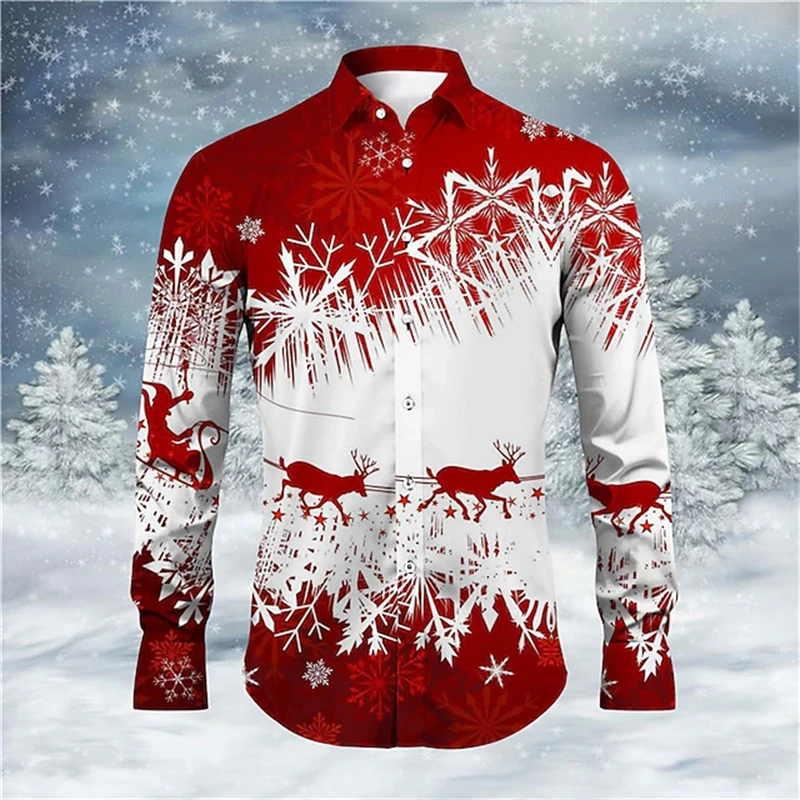 Casual Heren Shirts Herfst En Winter Kerst Temperament Revers Shirt Nieuw Elanden Ijs En Sneeuw Patroon Bedrukt Tops Grote Maat T-Shirt