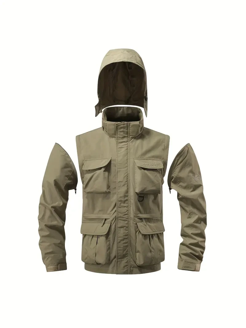 Men's Waterproof Windproof Jacket Detachable Hood Multi-Pocket Outdoor Casual Coat