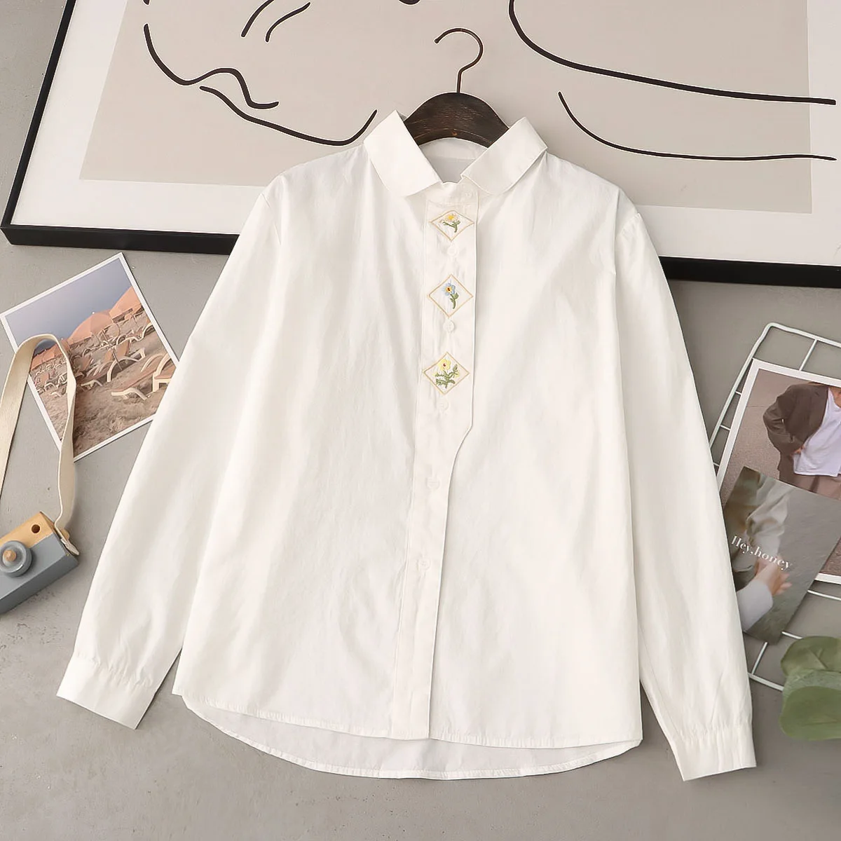 New Summer Cotton Long Sleeve Shirts Lapel Flower Embroidery Top Casual Girl Literature Sweet Loose Blouse 2024 Autumn T465108QC