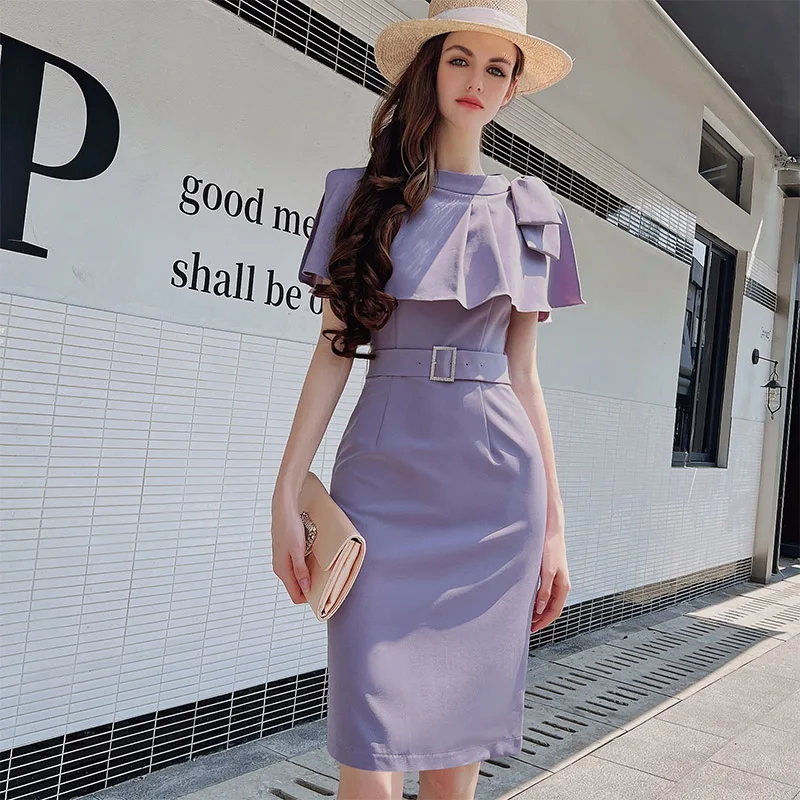 Dabuwawa Office Belt Women Dress Elegant Ruffle Neck Midi Vestidos Female Sleeveless Slim Fitted Dresses Ladies DF1BDR106