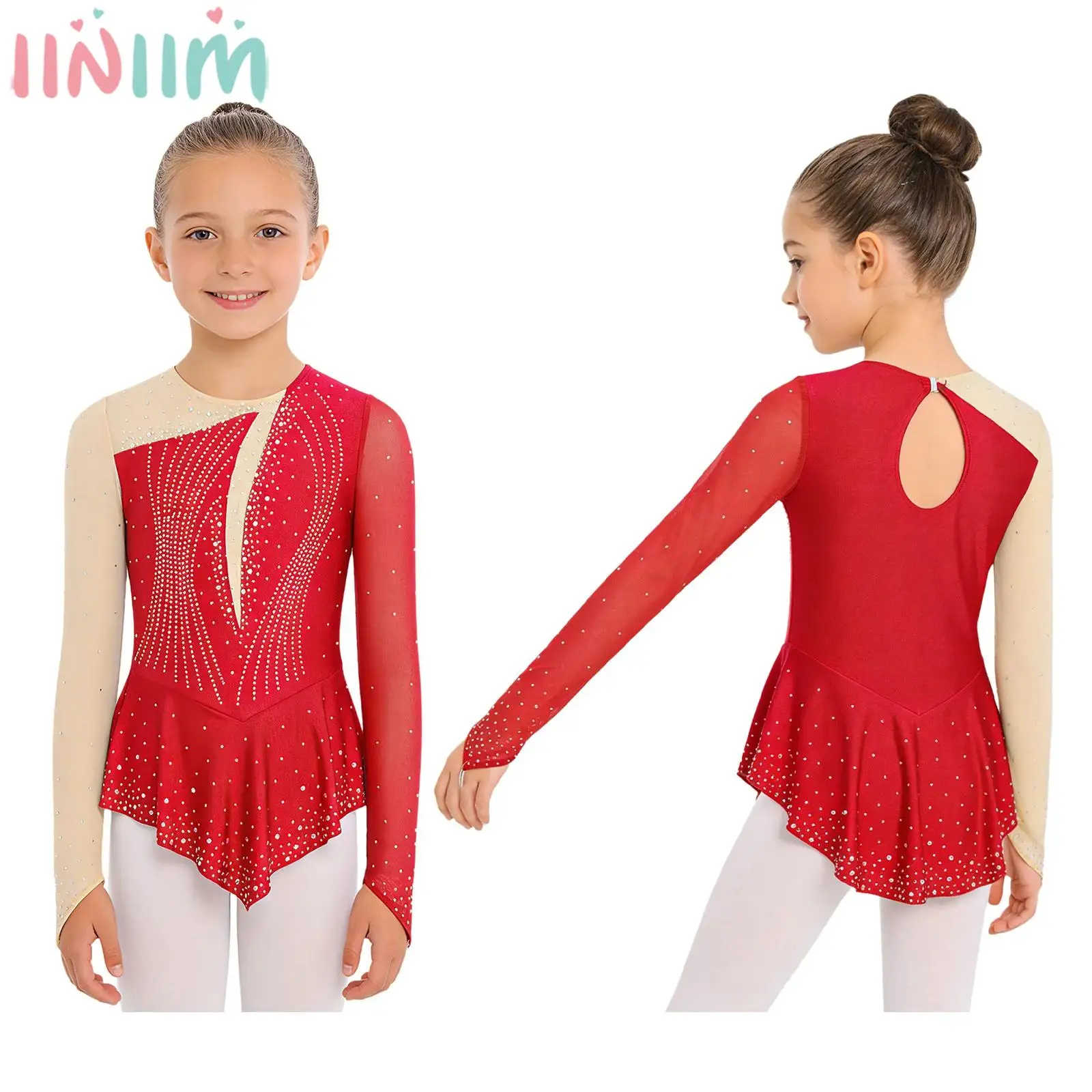 Children Girls Figure Skating Gymnastics Acrobatics Ballet Dance Leotard Dress Long Sleeve Shiny Rhinestone Sheer Mesh Dancewear