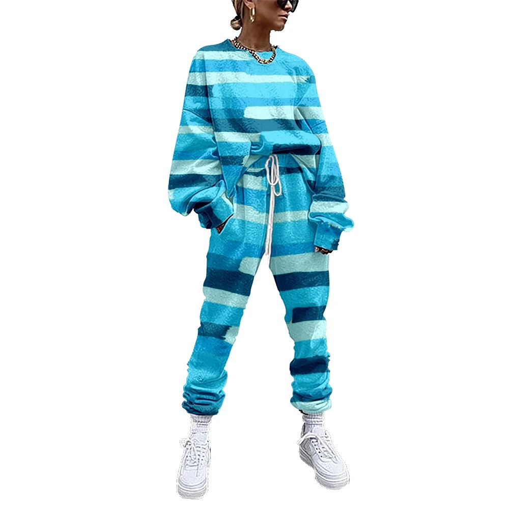 Women Color Stripe Printing Tracksuit 2 Piece Outfit Sweatshirt+Straight Sweatpants Matching Set Fitness Sporty Streetwear